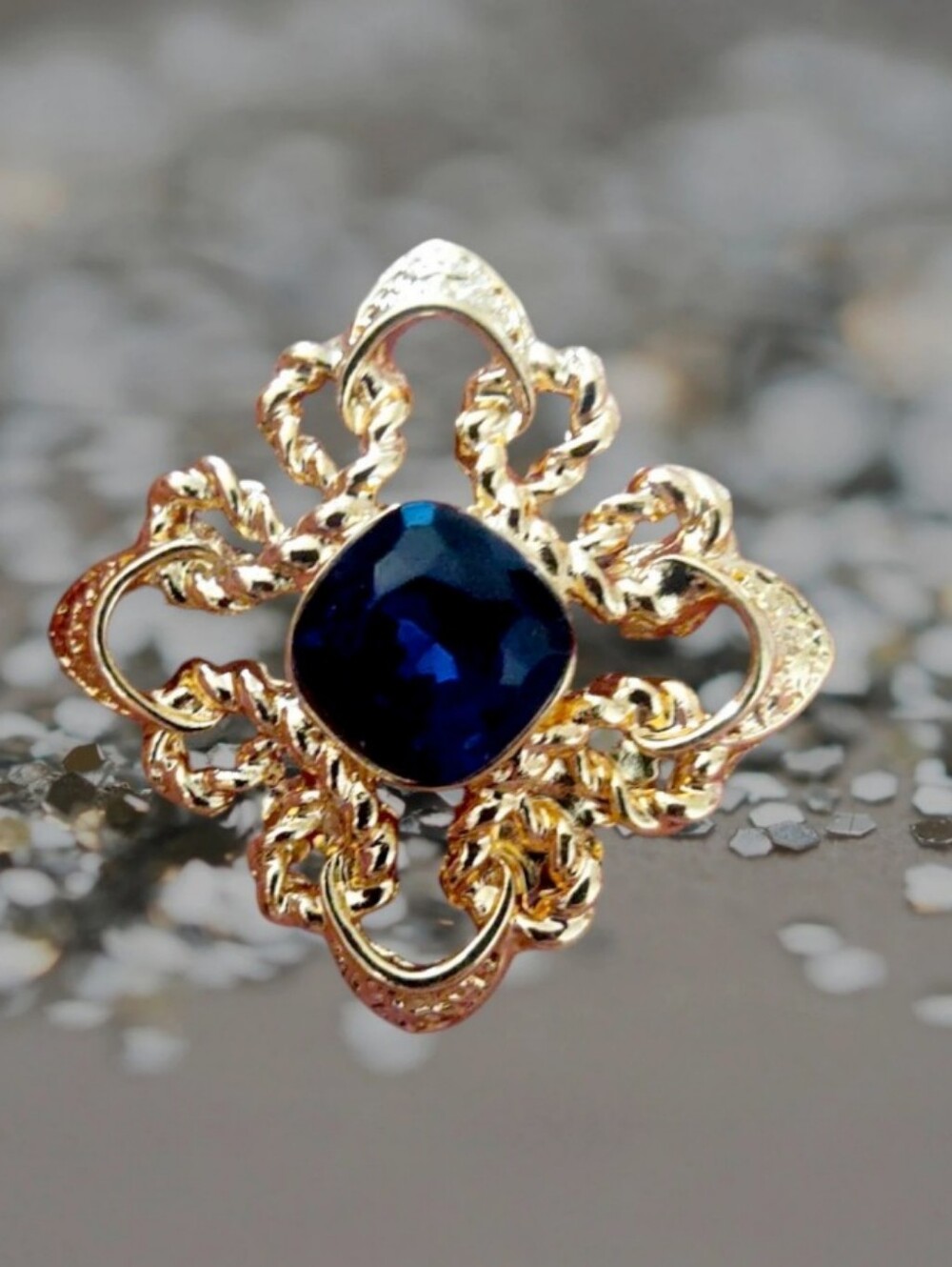 Filigree Blue Rhinestone Brooch